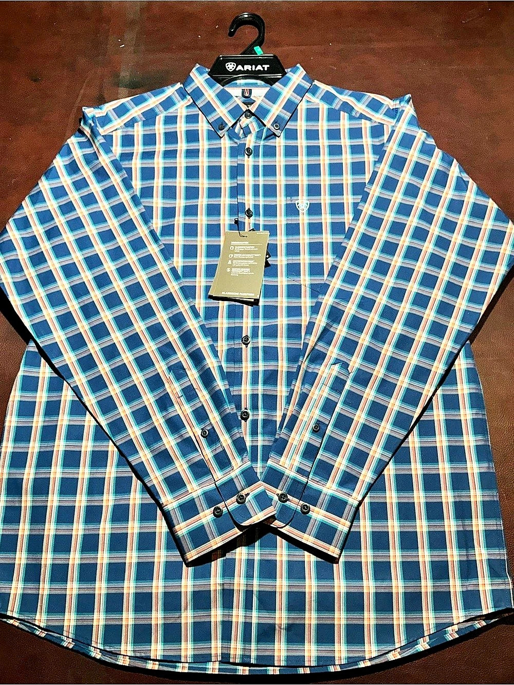 Ariat Pro Jacket Shirt Plaid Polyester Shirt Blue & Orange Medium NWT